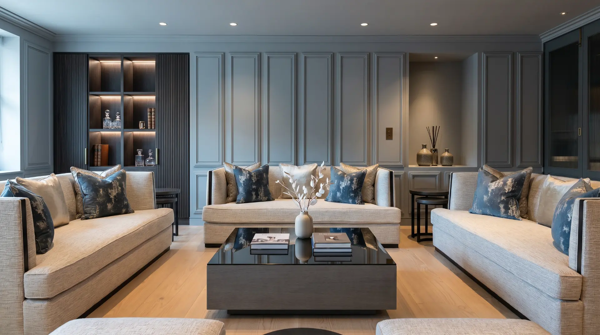 Panelled living room with linen sofas and blue silk cushions — Park Lane, Mayfair, London