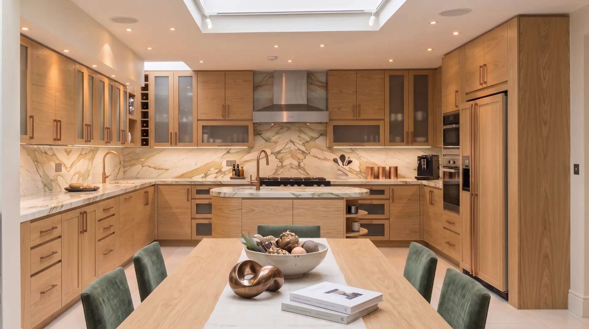Bespoke oak kitchen with book-matched marble splashback and skylit dining table — lower ground floor apartment, London