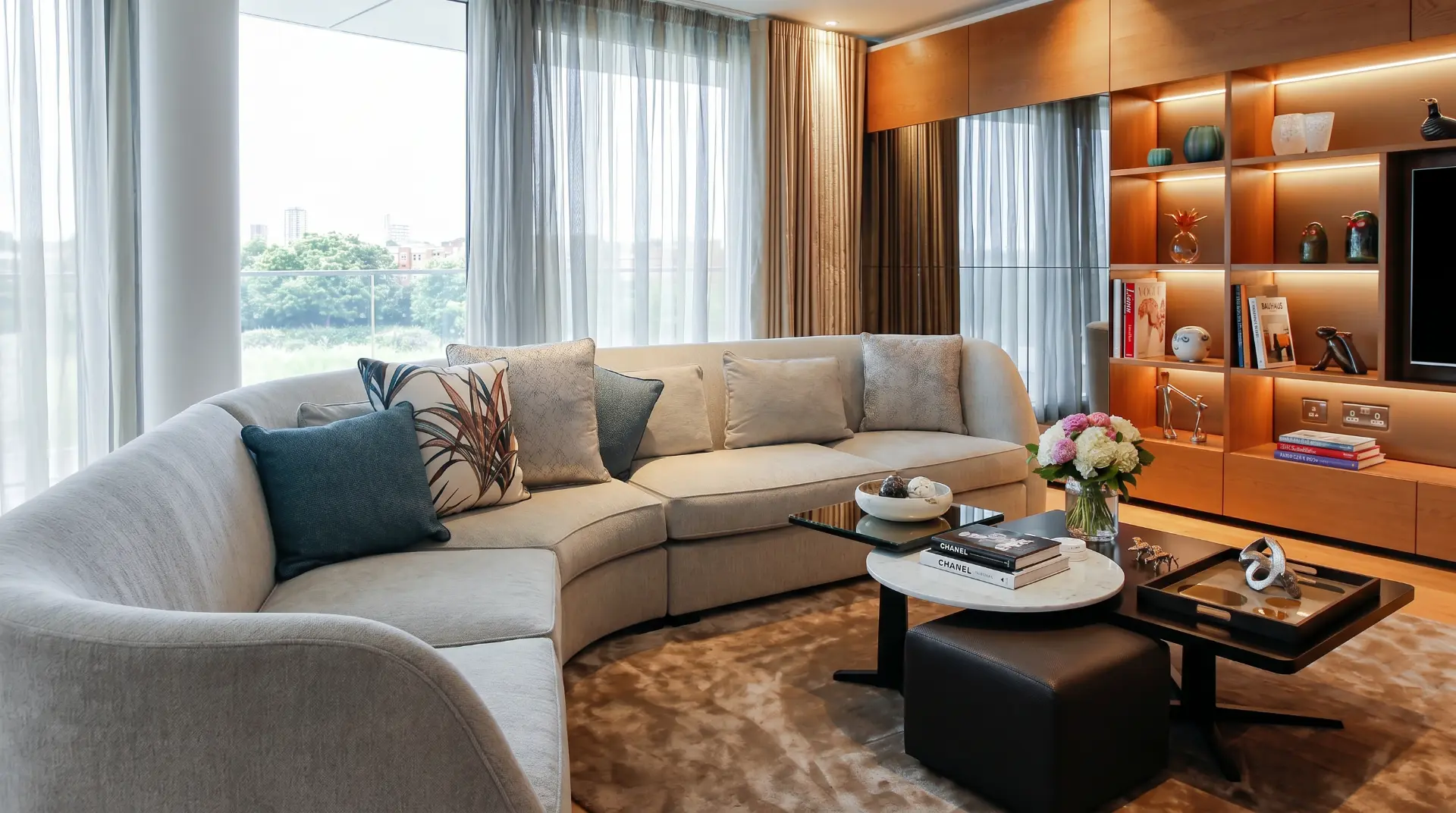 Curved cream sofa, sheer curtains and illuminated walnut joinery — Fulham Reach residences, London